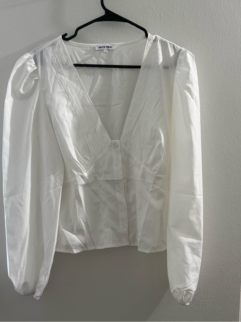 White V-Neck Button-Front Lace Trim Blouse